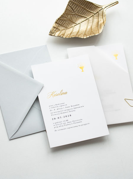 Zaproszenie na komunię Dusty - złocone z kalką