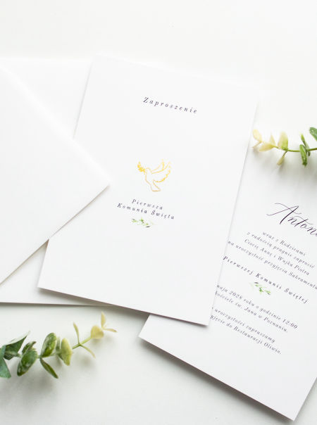 Zaproszenie na komunię Laurel - złocone