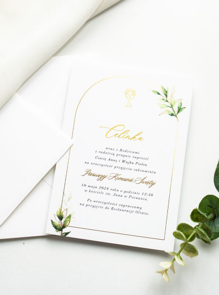 Zaproszenie na komunię Leaf - złocone